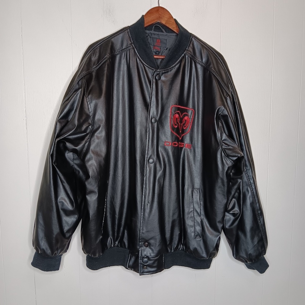 VTG Y2K Dodge Ram Faux Leather Bomber Jacket XL Black Red Embroidered Streetwear